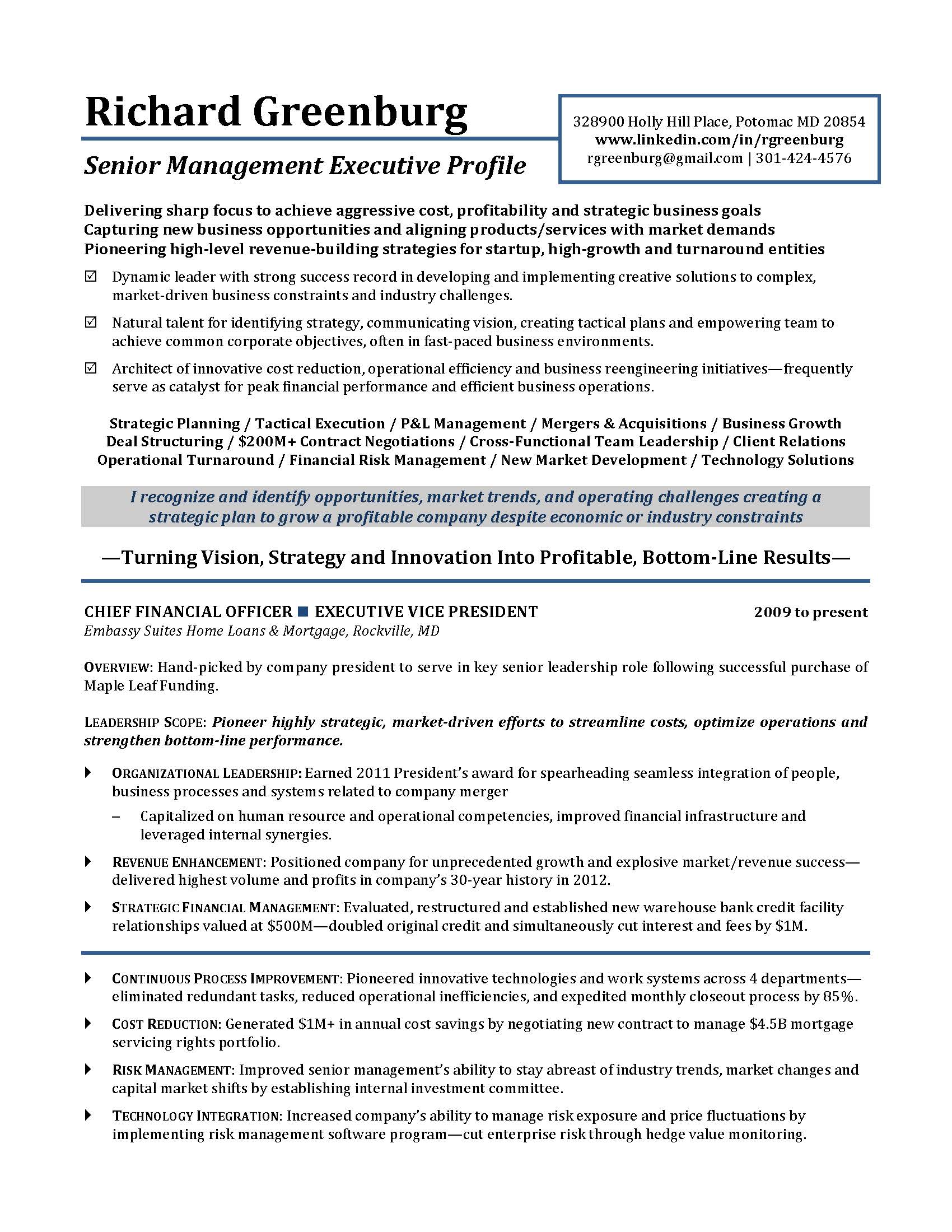 resume sample senior management