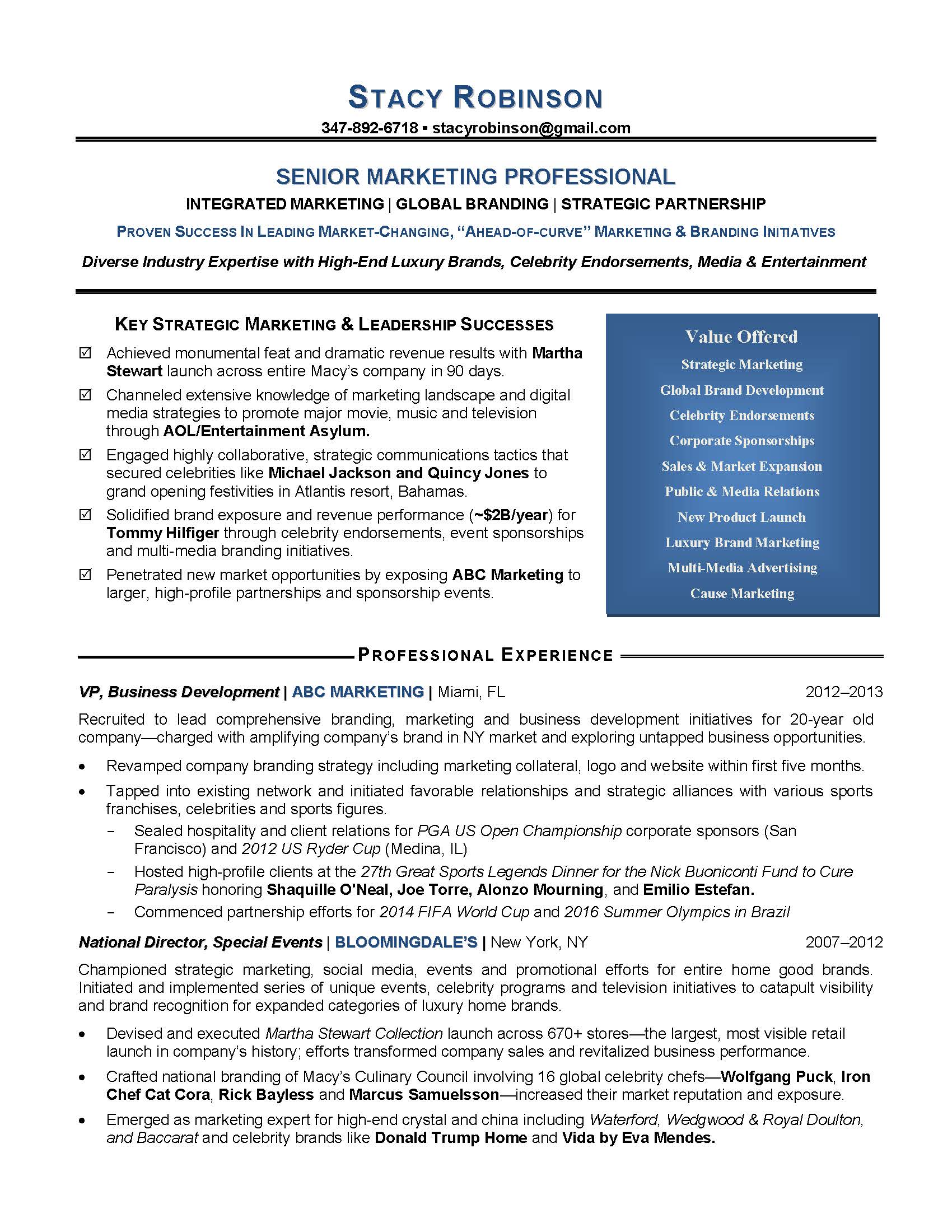 Senior Marketing Executive - Executive Resume Sample - Abby Locke